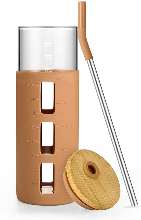 tronco Glass Tumbler with Bamboo Lid and Straw,24OZ Reusable Iced Coffee Cup,Smoothie Cups,Glass Travel Water Bottle,See Through Silicone Sleeve With Measurement,Dishwasfer Safe,Spill Proof