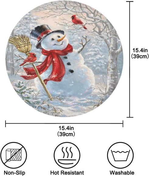 Christmas Snowman Cardinal Round Placemats Set of 6 Table Placemats Xmas Trees New Year Snow Place Mats Tablemats 15 inch for Kitchen Dining Table Dinner Kids Holiday Party
