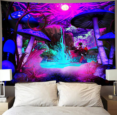 Trippy Smoke Mushrooms Tapestry Wall Hanging Psychedelic Hippie Art Blacklight Tapestries Black Light Poster Extra Large Tablecloth Blanket Curtain Home Decor 60x90 inches for Bedroom Living Room Dorm