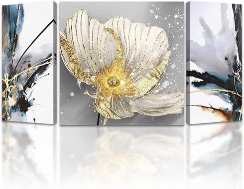 Modern Abstract Canvas Wall Art for Home Office Living Room Decoration Gold Floral Painting Artwork Lotus Flower Picture Giclee Print on Linen Canvas Blue Grey Artistic Ready to Hang 3 Pieces Per Set