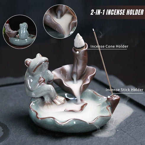 Ceramics Waterfall Incense Burner, Backflow Incense Burner,Incense Burner Holder, Koi Fish Incense Burner, Incense Burner, Frog Incense Holder for Home Office Desk Decor Yoga Aromatherapy