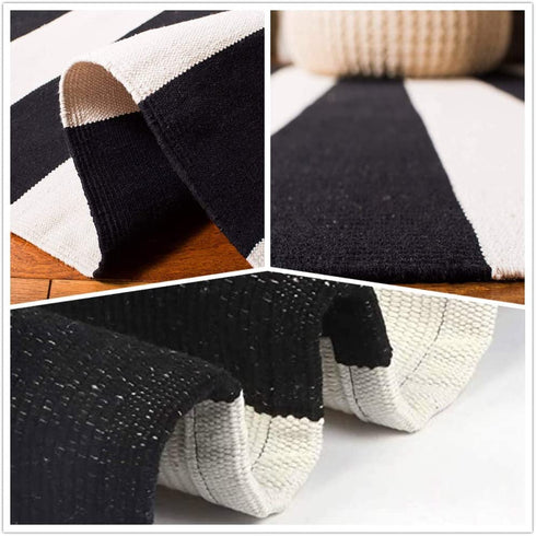 KaHouen Cotton Black and White Striped Rug ( 27.5 x 43 Inches ), Washable Hand-Woven Stripe Outdoor Front Door Mat for Layered Door Mats/Porch/Kitchen/Bathroom/Laundry Room.