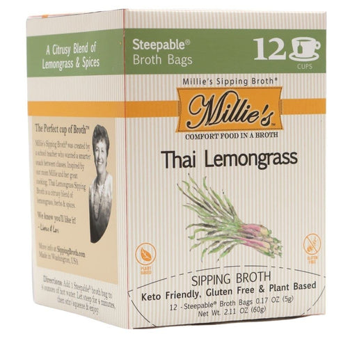 Millie’s Sipping Broth - Vegetable Broth -Natural-Gluten Free-Keto Friendly Thai Lemongrass 12 Count Box
