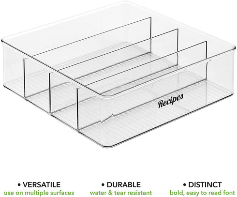 mDesign Plastic Divided Drawer Organizer Storage Bin for Home Office, Desk Drawer, Shelf, Cabinet - 4 Compartments, 12" Long + 32 Adhesive Labels - Clear