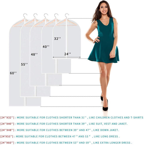 Perber Hanging Garment Bags Lightweight Clear Full Zipper Suit Bags (Set of 10) PEVA Moth-Proof Breathable Dust Cover for Closet Clothes Storage - 24'' x 32''/10 Pack