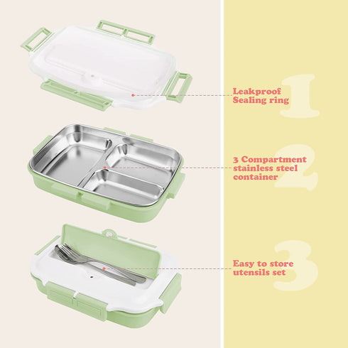 Bento Lunch Box for Kids and Adults ,1200ml Leakproof Stainless Steel Lunch Box with Portable Insulation Bag, 3 Compartments Food Container With Spoon and Fork