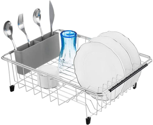SANNO Expandable Dish Drying Rack Sink Dishes Drainer , Dish Rack with Utensil Silverware Storage Holder Over The Sink Adjustable Arms Dish Drying Drainer, in Sink or On Counter,Stainless Steel