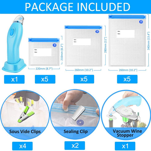 Handheld Vacuum Sealer, includes 15 Reusable Vacuum Sealer Bags, 1 Vacuum Wine Stopper, 2 Sealing Clips, 4 Sous Vide Clips for Food Storage, Keep Wine Fresh & Sous Vide Cooking