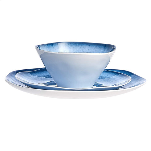 Amazon Basics 12-Piece Melamine Dinnerware Set - Service for 4, Blue Glaze with Rustic Edge