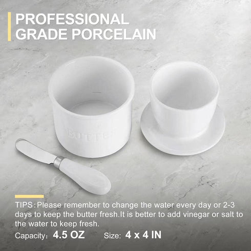 Warome Butter Crock with Knife,4.5OZ White Butter Keeper with Water Line/French Butter Dish/Butter Storage/Butter Dish with Lid ,Ceramic Butter Container, Keep the Butter Fluffy & Fresh