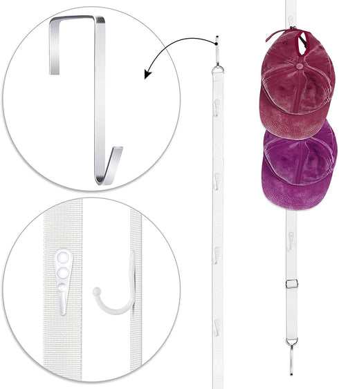 2 Pieces Adjustable Door Cap Rack Closet Hanging Cap Organizer Hanging Cap Keeper Baseball Cap Holder Hanging Cap Hook Organizer Cap Hat Display Rack with Hooks Door Hat Storage Hanger (White)