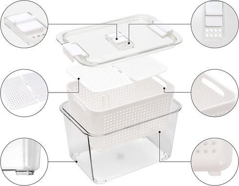 Rarapop 2 Pack Fridge Produce Saver Stay Fresh Containers with Strainers and Vented Lids, Food Storage Containers Refrigerator Organizer Baskets for Veggie, Berry and Fruits - NOT Dishwasher Safe (White)