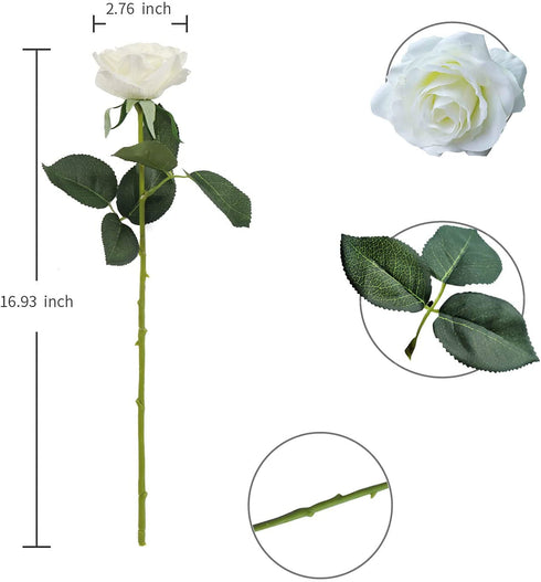 XDLBONNIE Artificial Silk Roses Long Stem Fake Rose Bulk with Stems Real Touch Flowers Bouquet for Wedding Home Party Arrangement Decoration Centerpieces Event Gift 10Pcs (White)