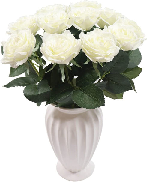 XDLBONNIE Artificial Silk Roses Long Stem Fake Rose Bulk with Stems Real Touch Flowers Bouquet for Wedding Home Party Arrangement Decoration Centerpieces Event Gift 10Pcs (White)