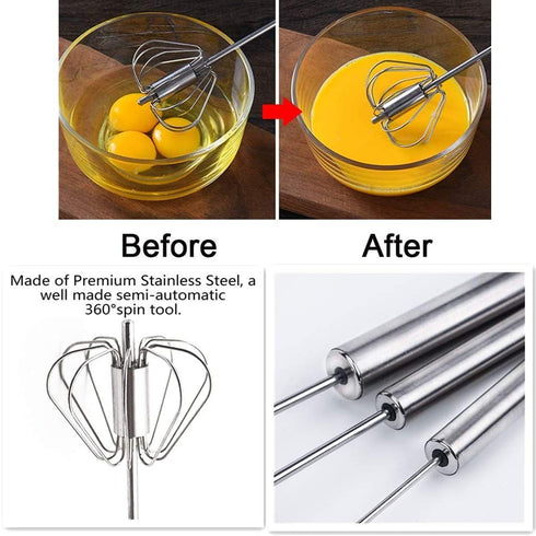 Eggbeater, Semi-Automatic Manual Eggbeater, Stainless Steel Semi-automatic Rotary Eggbeater, Hand-Push Rotary Mixer, Semi-Automatic Eggbeater Use to Eggs, Flour, Milk, Cream and Coffee 3 Pack