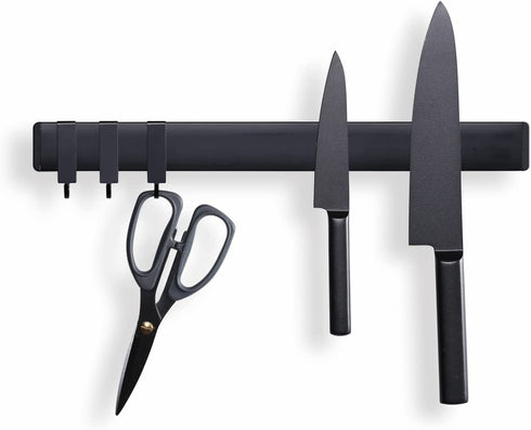 Stainless Steel Magnetic Knife Strip Holder for Wall with 3 Hooks 16 Inch, 25% Stronger Magnet, Adhesive Magnetic Knife bar Rack No Drilling - by KITCHENDAO
