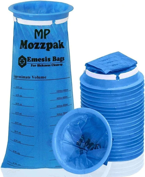 MP MOZZPAK Vomit Bags – 24 Pack – 1000ml Emesis Bags – Leak Resistant, Medical Grade, Portable, Disposable Barf Bags, Puke, Throw Up, Nausea Bags for Travel Motion Sickness, Car & Aircraft, Kids, Taxi