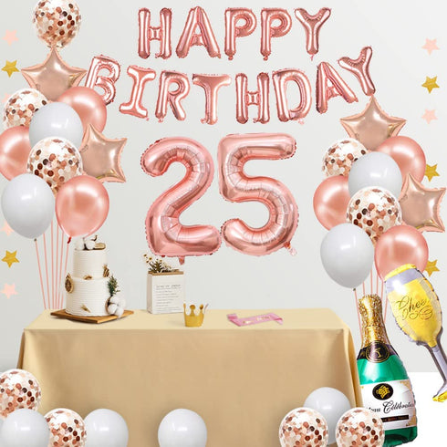 Fancypartyshop 25th Birthday Decorations - Rose Gold Happy Birthday Banner and Sash with Number 25 Balloons Latex Confetti balloons Ideal for Girl and Women 25 Years Old Birthday Rose Gold