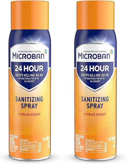 Microban Disinfectant Spray, 24 Hour Sanitizing and Antibacterial Spray, Sanitizing Spray, Citrus Scent, 2 Count (15 fl oz Each) (Packaging May Vary)