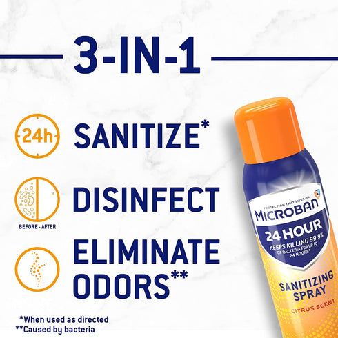 Microban Disinfectant Spray, 24 Hour Sanitizing and Antibacterial Spray, Sanitizing Spray, Citrus Scent, 2 Count (15 fl oz Each) (Packaging May Vary)