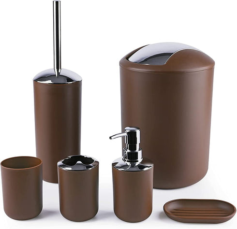 Papillon Bathroom Accessories Set-6 Piece Plastic Gift Set Toothbrush Holder,Toothbrush Cup,Soap Dispenser,Soap Dish,Toilet Brush Holder,Trash Can,Tumbler Straw Set Bathroom (Coffee)