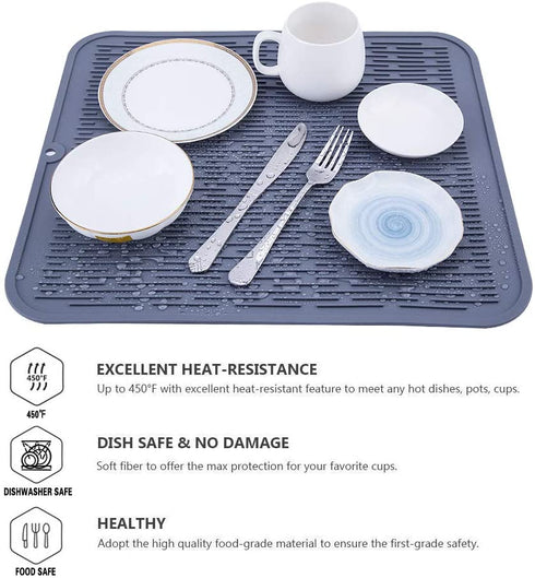 Piduules Eco-friendly Silicone Dish Drying Mat 18" x 15.8" Large Reusable Non-slipping and Heat Resistant Dish Quick Drying Pad, Dishwasher Safe (Gray XL)