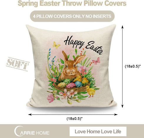 CARRIE HOME Easter Bunny Throw Pillow Covers 18x18 Set of 4 Pink Easter Decorative Throw Pillows Farmhouse Rabbit Eggs Carrot Happy Easter Decorations for The Home Couch and Outdoor Porch