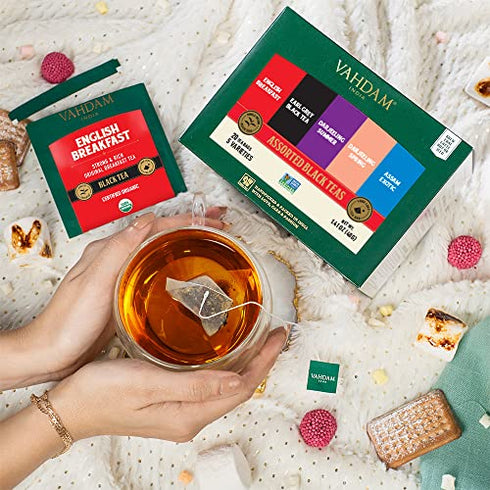 Vahdam, Black Tea Sampler, 5 Flavors, 20 Assorted Black Tea Bags | Tea Variety Pack | Tea Gift Sets - English Breakfast, Darjeeling, Assam, Earl Grey Tea Bags | Happy New Year Gifts for Women/Men