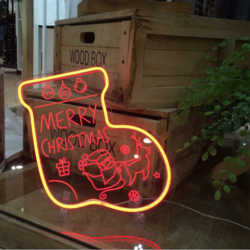 NOXTROND Merry Christmas Sock Festival Neon Light Sign, Red 3D Acrylic Light Up Words LED Lights Sign, USB Powered Dimmable Desk Lamp for Wall Indoor Christmas Party Bar Decoration
