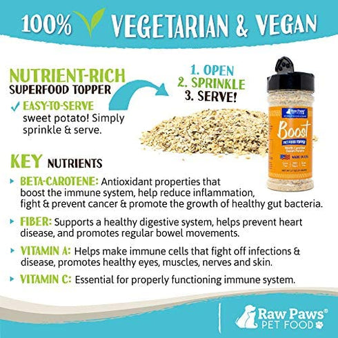 Raw Paws Boost Flavor & Nutrition Pet Food Topper, Sweet Potato, 2.7-oz - Made in USA - Dog Food Toppers Grain Free - Natural Pet Food Flavoring - Cat Food Seasoning - Vegan Meal Enhancer Sprinkles
