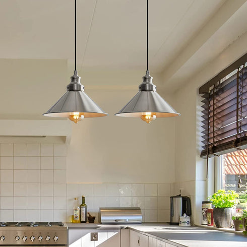 PoKat Industrial Metal Pendant Light, Modern Adjustable Hanging Light Fixtures, Nickel Farmhouse Style Ceiling Lamp for Kitchen Island Dinning Table Hallway Bedroom Indoor Entryway, E26 Base,2 Pack