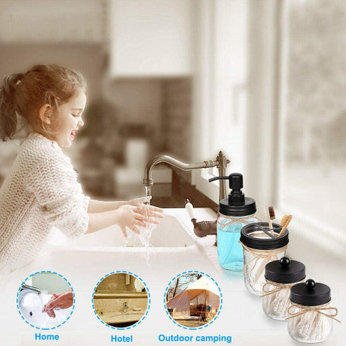 Aebor Mason Jar Bathroom Accessories Set(4 Pcs)-Foaming Soap Dispenser &2 Cotton Swab Holder Set &Toothbrush Holder(Black)