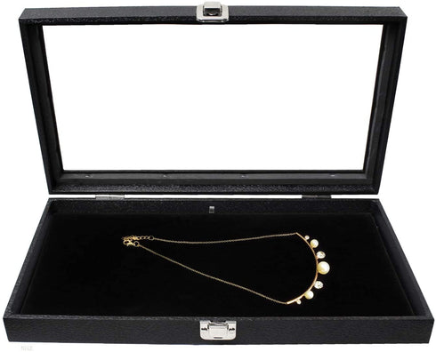 Ikee Design Leatherette Wooden Jewelry Display Case with Glass Top and Black Velvet Pad, Home Organization Storage Box, Wooden Jewelry Tray for Collectibles, 14.75"W x 8.25"D x 2.13''H