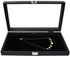 Ikee Design Leatherette Wooden Jewelry Display Case with Glass Top and Black Velvet Pad, Home Organization Storage Box, Wooden Jewelry Tray for Collectibles, 14.75"W x 8.25"D x 2.13''H