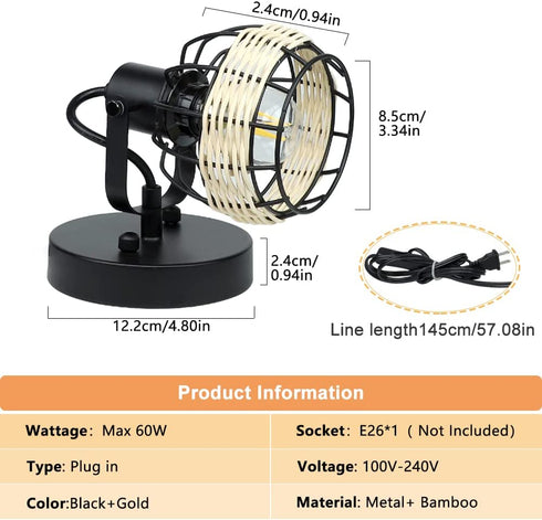DLLT Wall Spotlight Fixture, Rustic Cage Wall Light with Plug in Cord, Adjustable Flush Mount Track Lighting for Bedside, Headboard Picture, Kitchen, Bedroom, Office, Directional Wall Light, Rattan