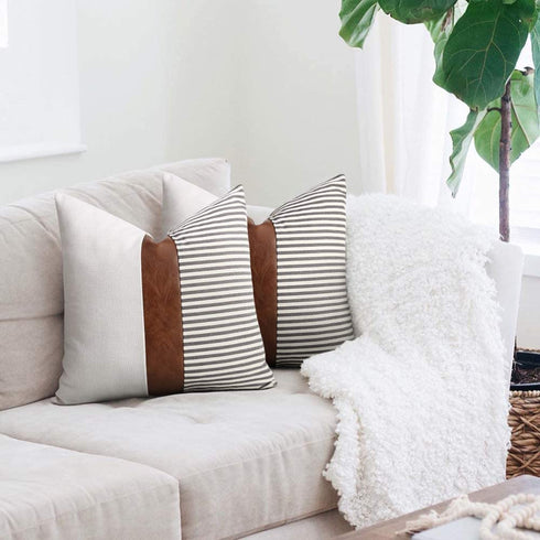 cygnus 20x20 Pillow Covers Set of 2 Farmhouse Decor Stripe Patchwork Linen Throw Pillow Covers Modern Faux Leather Cushion Covers for Couch Sofa,Gray