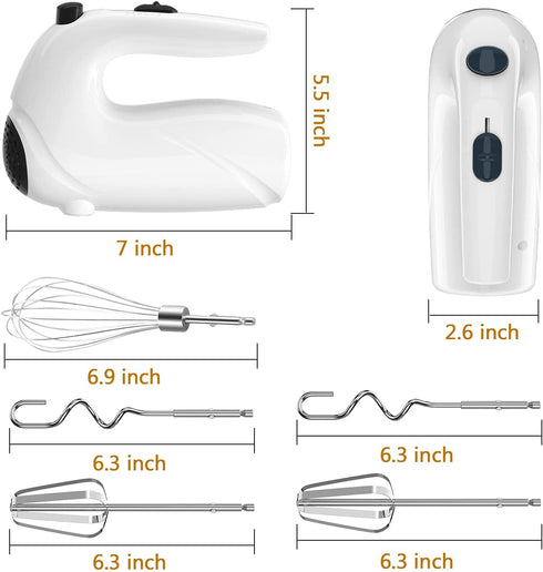 Hand Mixer Electric 120W Handheld Mixer 5 Speeds for Baking Cake Egg Cream Food Beater, Turbo Boost/Self-Control Speed + 5 Speed + Eject Button + 5 Stainless Steel Accessories