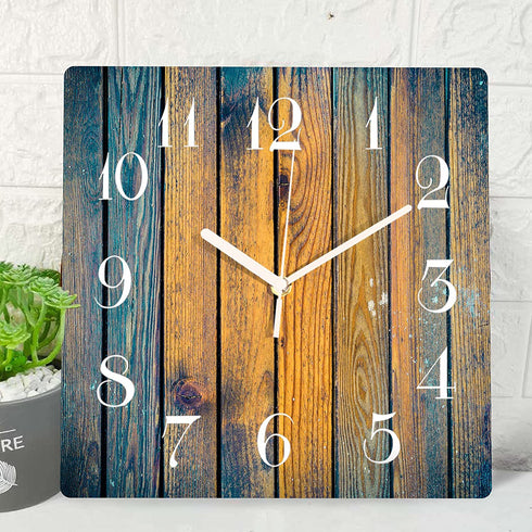 Wooden Wall Clock Silent Non-Ticking ,Blue Brown Gray Wood Grain Cracks Retro Wooden Square Rustic Coastal Wall Clocks Décor for Home Kitchen Living Room Office, Battery Operated(12 Inch)