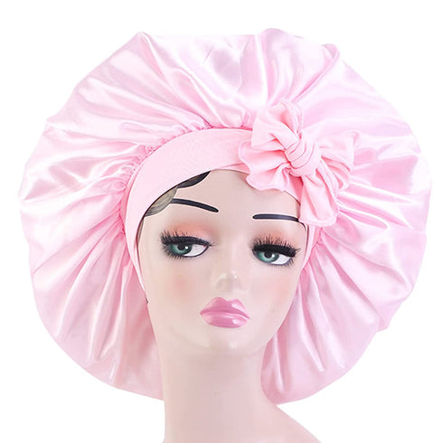 Satin Bonnet Silk Bonnet with Elastic Tie Band Adjustable Straps Hair Bonnet Jumbo Size for Sleeping Satin Bonnet Stretchy Tie Band for Women Long Curly Braid Hair (Pink)