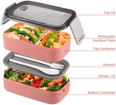Bento Box For Adults Natraprow BPA-Free Bento Box Lunch Box Leak Proof 3 Compartments Bento Box Kit With Detachable Divider , Lunch Bag, Stackable Lunch Containers Pink Bento Box With Utensils (pink)