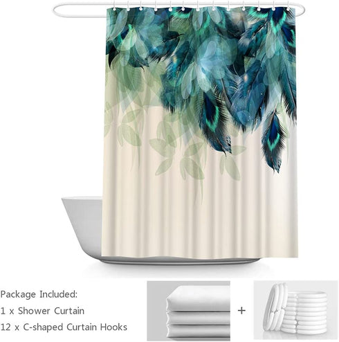Wallall Peacock Feather Shower Curtain Teal Blue Peafowl Tail Bathroom Curtains Beautiful Natural Wild Living Room Decorations Washable Fabric Bathtub Decor with Hooks 72x72inch
