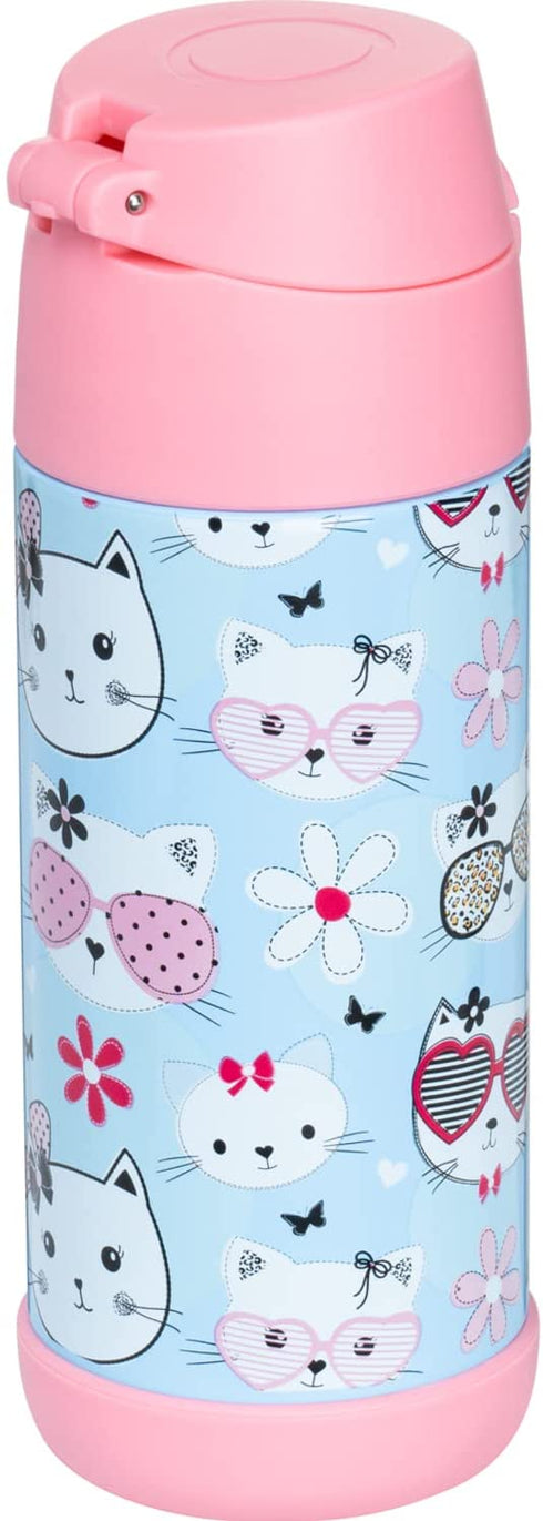 Snug Kids Water Bottle - insulated stainless steel thermos with straw (Girls/Boys) - Kitty, 12oz