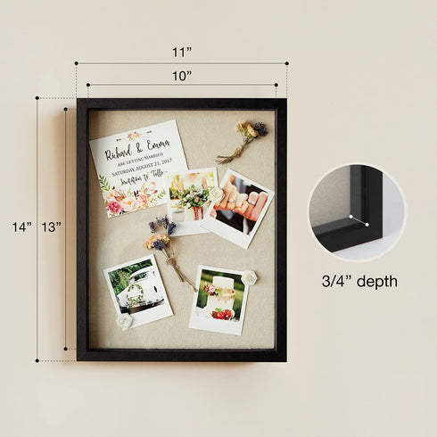 Shadow Box Display Case - 11x14 Deep Wood & Glass Shadowbox Picture Frame with Linen Board - Wall-Hanging & Free-Standing - 3d Showcase Keepsake Art Graduation Baby Wedding Military Sport - Black