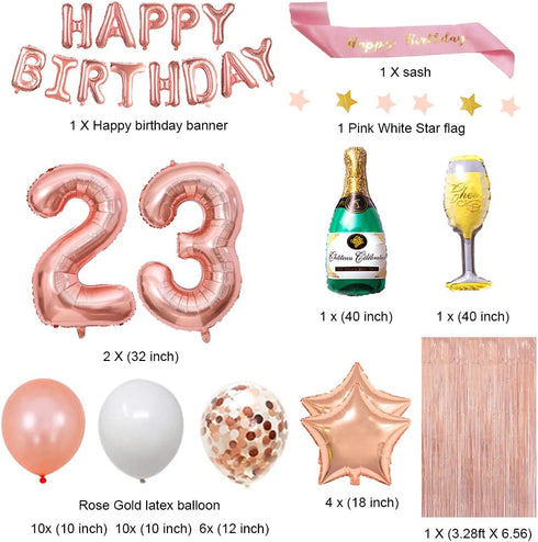 Fancypartyshop 23rd Birthday Decorations - Rose Gold Happy Birthday Banner and Sash with Number 23 Balloons Latex Confetti Balloons Ideal for Girl and Women 23 Years Old Birthday Rose Gold