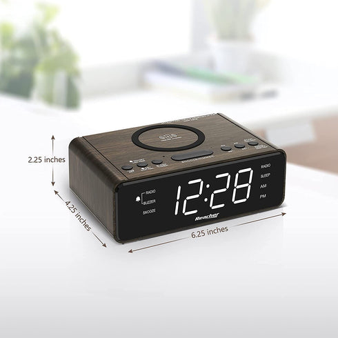 REACHER Alarm Clock Radio with Wireless Charging & USB Charger, Large LED Dimmable Display, 2 Wake Up Sounds, Adjustable Volume, FM Radio, Sleep Timer, Battery Backup for Bedroom, Office (Wood Grain)