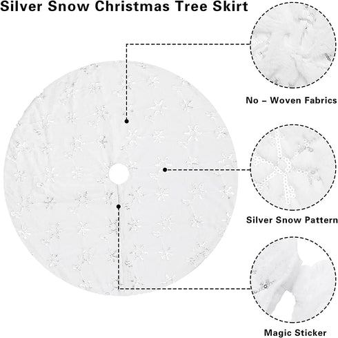 TOBEHIGHER Christmas Tree Skirt - Perfect for Christmas Decorations Indoor Outdoor, 36 Inches Large Snowy White Faux Fur Double Layers Tree Skirt, Soft Thick with Silver Snowy Pattern