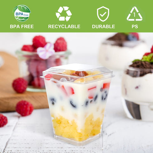50Pack 5oz Plastic Dessert Cups with Lids Parfait Cups with Lids Appetizer Cups for Party Mini Dessert Cups with Spoons Clear Plastic Cups with Lids Pudding Fruit Ice Cream Cups