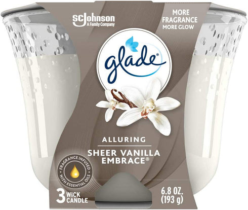 Glade Candle Sheer Vanilla Embrace, Fragrance Candle Infused With Essential Oils, Air Freshener Candle, 3-Wick Candle, 6.8 Oz