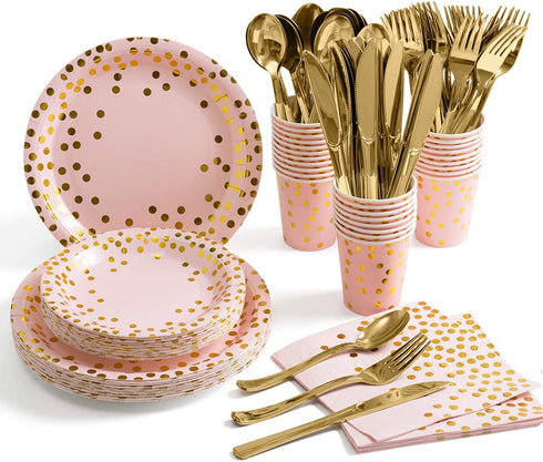 Pink and Gold Party Supplies Disposable Dinnerware Set Serves 25 Gold Dots on Pink Paper Plates Cups and Napkins, Gold Plastic Knives Spoons Forks for Baby Shower Wedding Party Bridal Shower