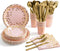 Pink and Gold Party Supplies Disposable Dinnerware Set Serves 25 Gold Dots on Pink Paper Plates Cups and Napkins, Gold Plastic Knives Spoons Forks for Baby Shower Wedding Party Bridal Shower